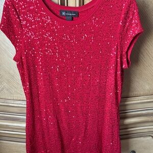 INC International Concepts Red Sequin Short Sleeve Top